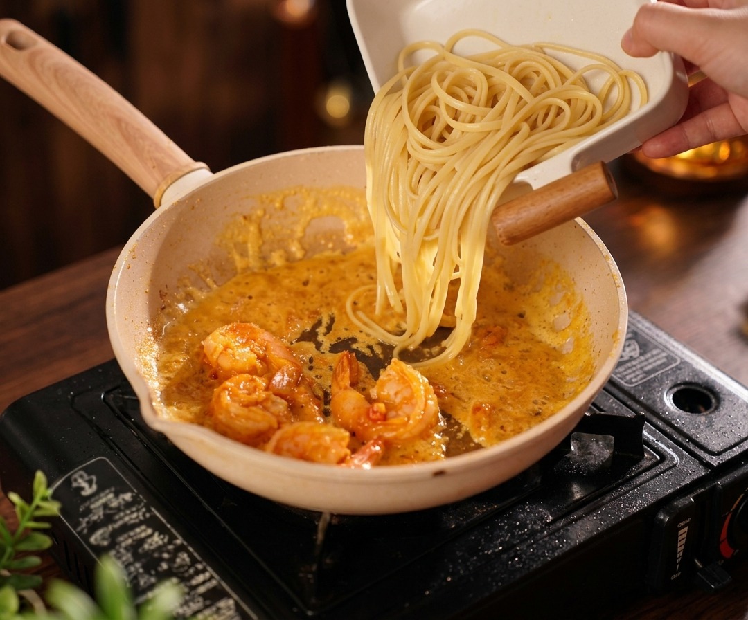 Cooked spaghetti being poured from a white tray into a frying pan containing shrimp and a thick golden sauce.