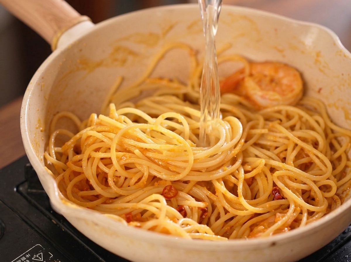 Clear chicken broth being poured over a mound of spaghetti and shrimp in a light-colored frying pan.