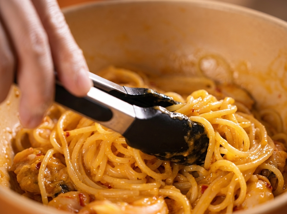 Tongs tossing spaghetti in a creamy orange salted egg yolk sauce within a large ceramic pan.