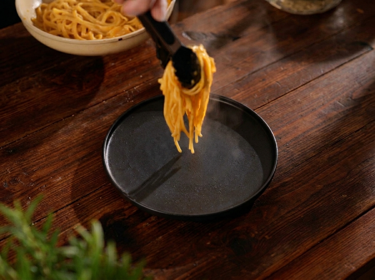 A steaming bundle of golden pasta being lowered from black tongs onto a sleek matte black plate on a rustic wooden table.