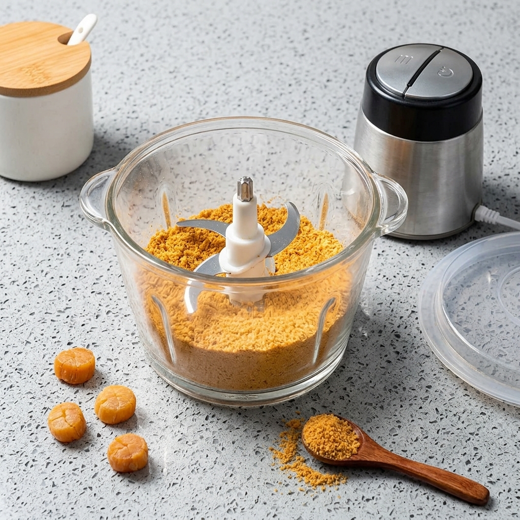A clear food processor bowl filled with a fine, sandy-textured golden fish powder with the blade assembly in the center.