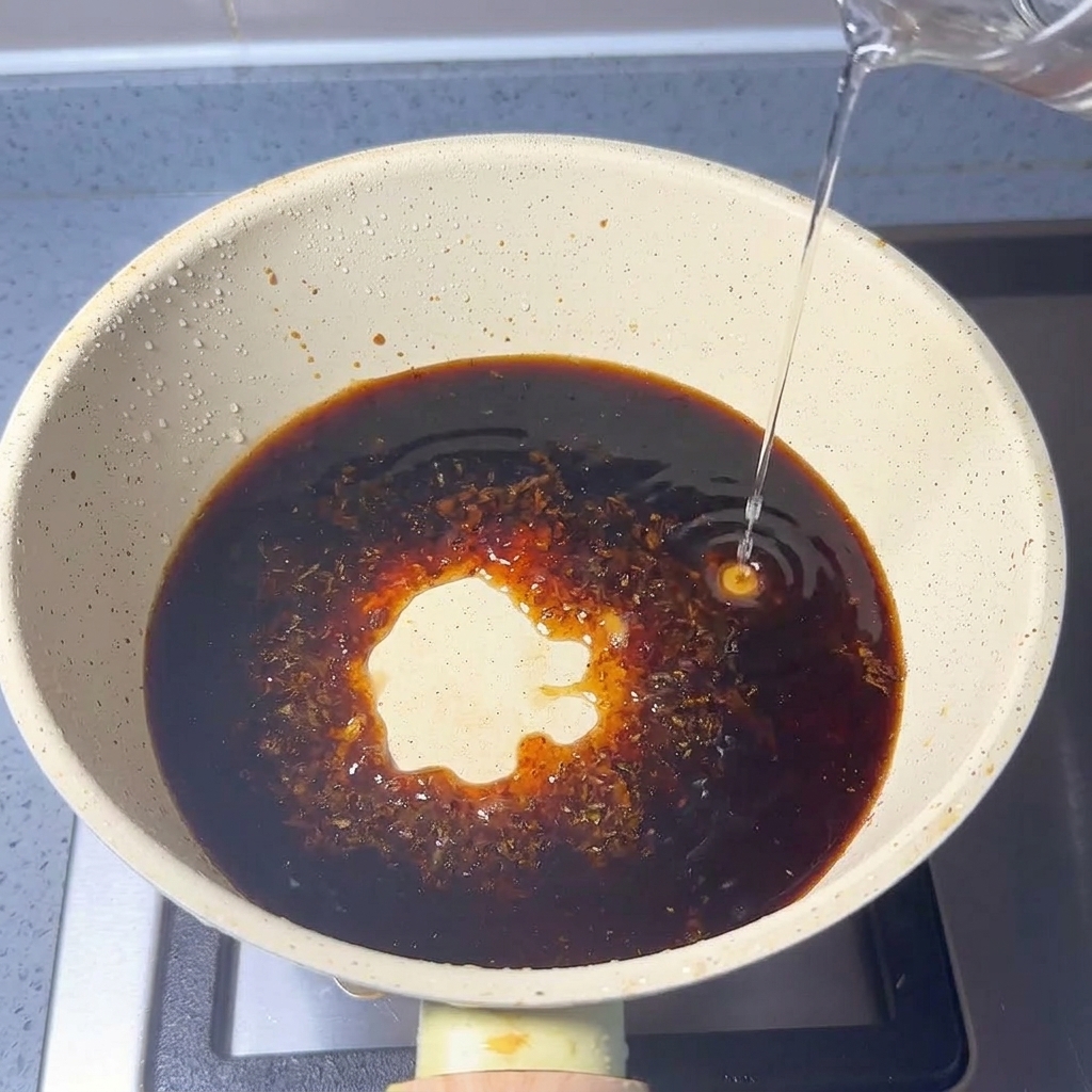 Clear liquid being poured from a glass container into a pan already holding a dark brown liquid and specks of fish powder.