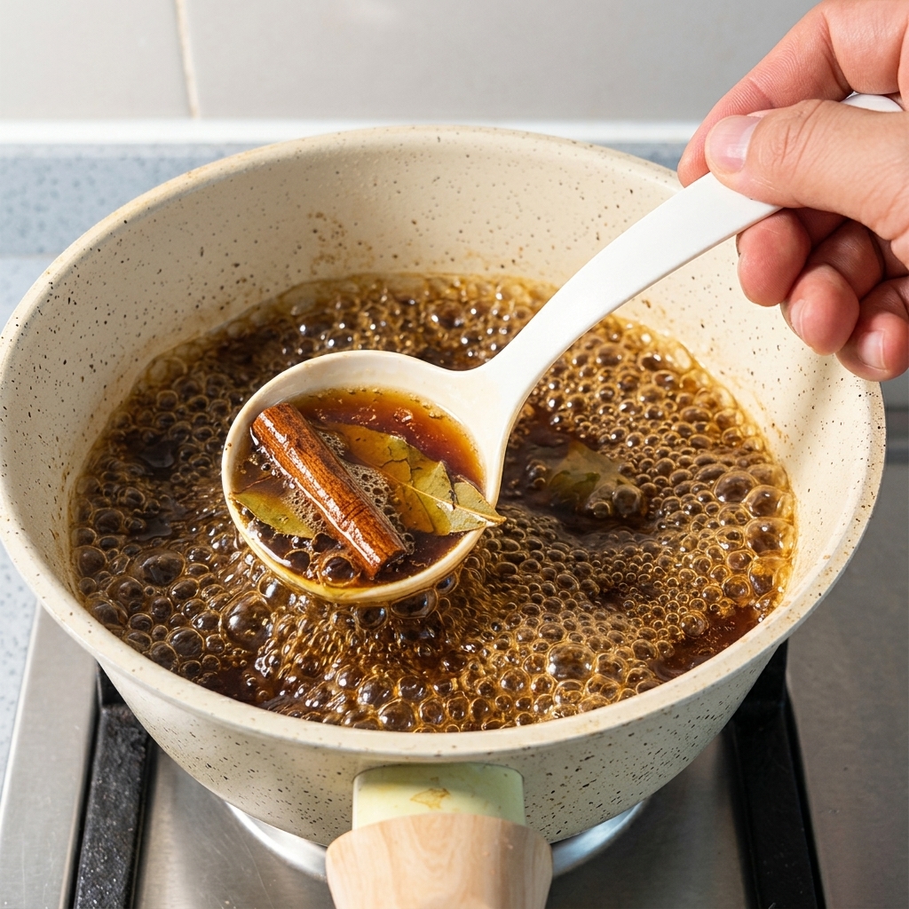 A white ladle scooping boiling dark brown sauce containing a piece of kombu kelp from a speckled pot.