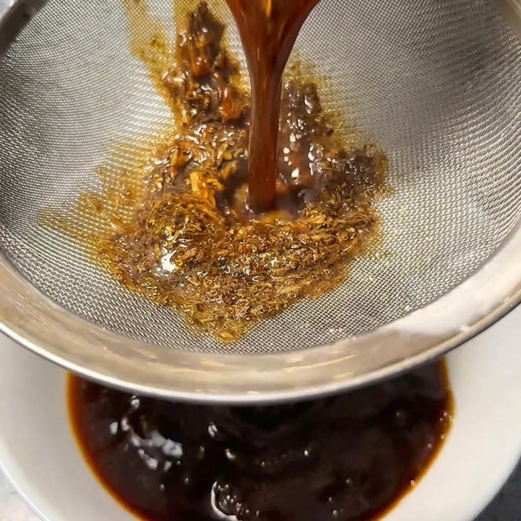 Dark brown sauce being poured through a metal sieve filled with sediment into a white bowl below.