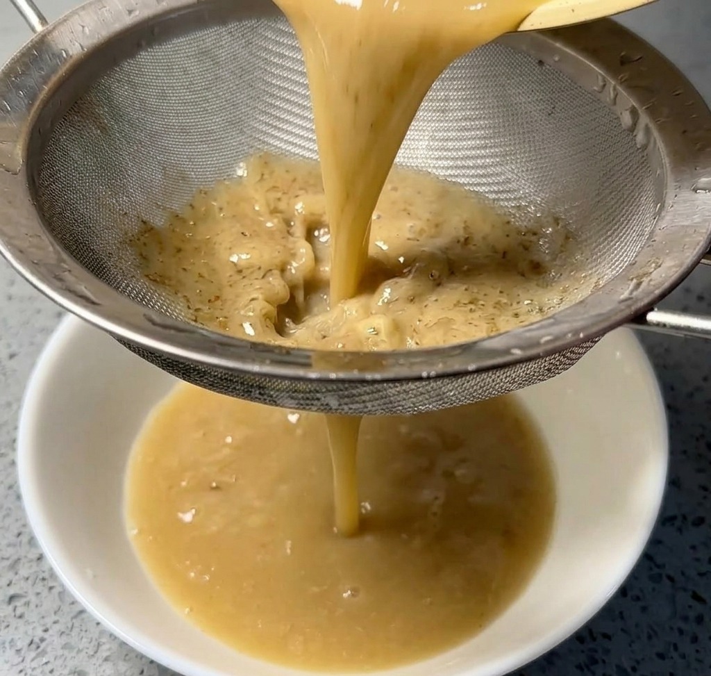 Thick, tan-colored broth being poured through a metal sieve into a white ceramic bowl.