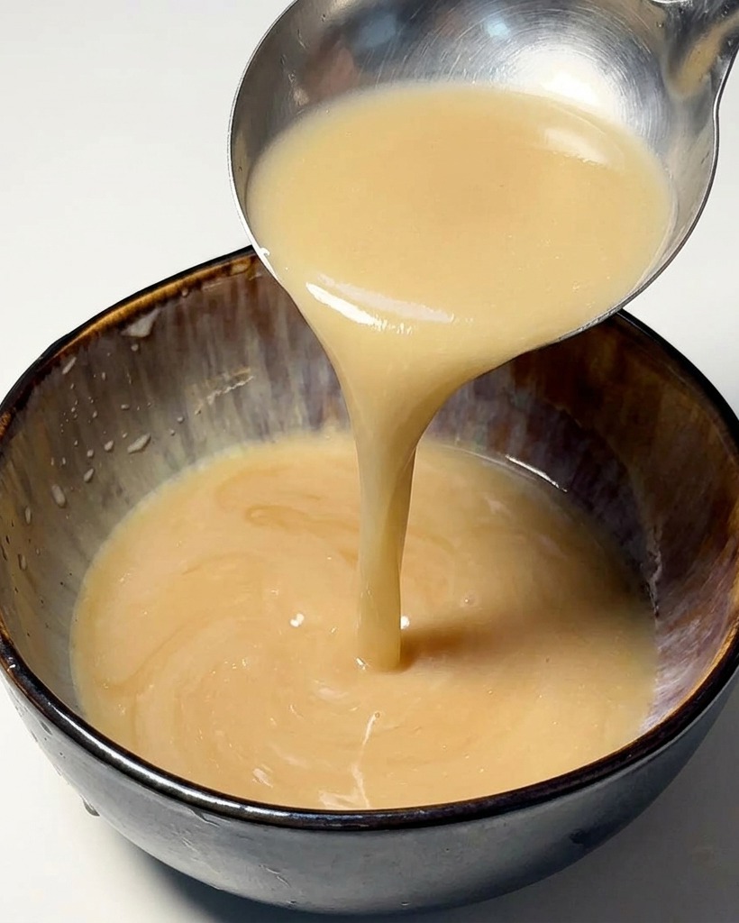 A metal ladle pouring light brown concentrated broth into a dark ceramic bowl containing seasoning sauce.