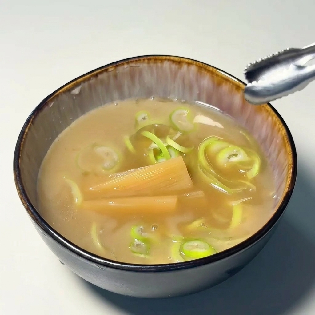 A small bowl containing a light brown dipping broth topped with several rings of green scallions, two pieces of bamboo shoots, and a pair of metal tongs holding a slice of narutomaki.