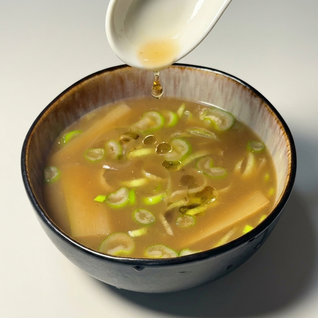 A white spoon drizzling golden oil into a bowl of ramen dipping sauce filled with scallions and bamboo shoots.