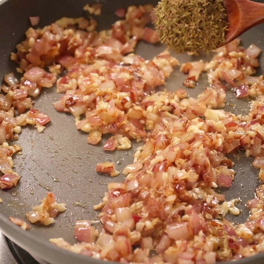 A wooden spoon adding dried thyme to a pan of sautéed red onions and minced garlic.