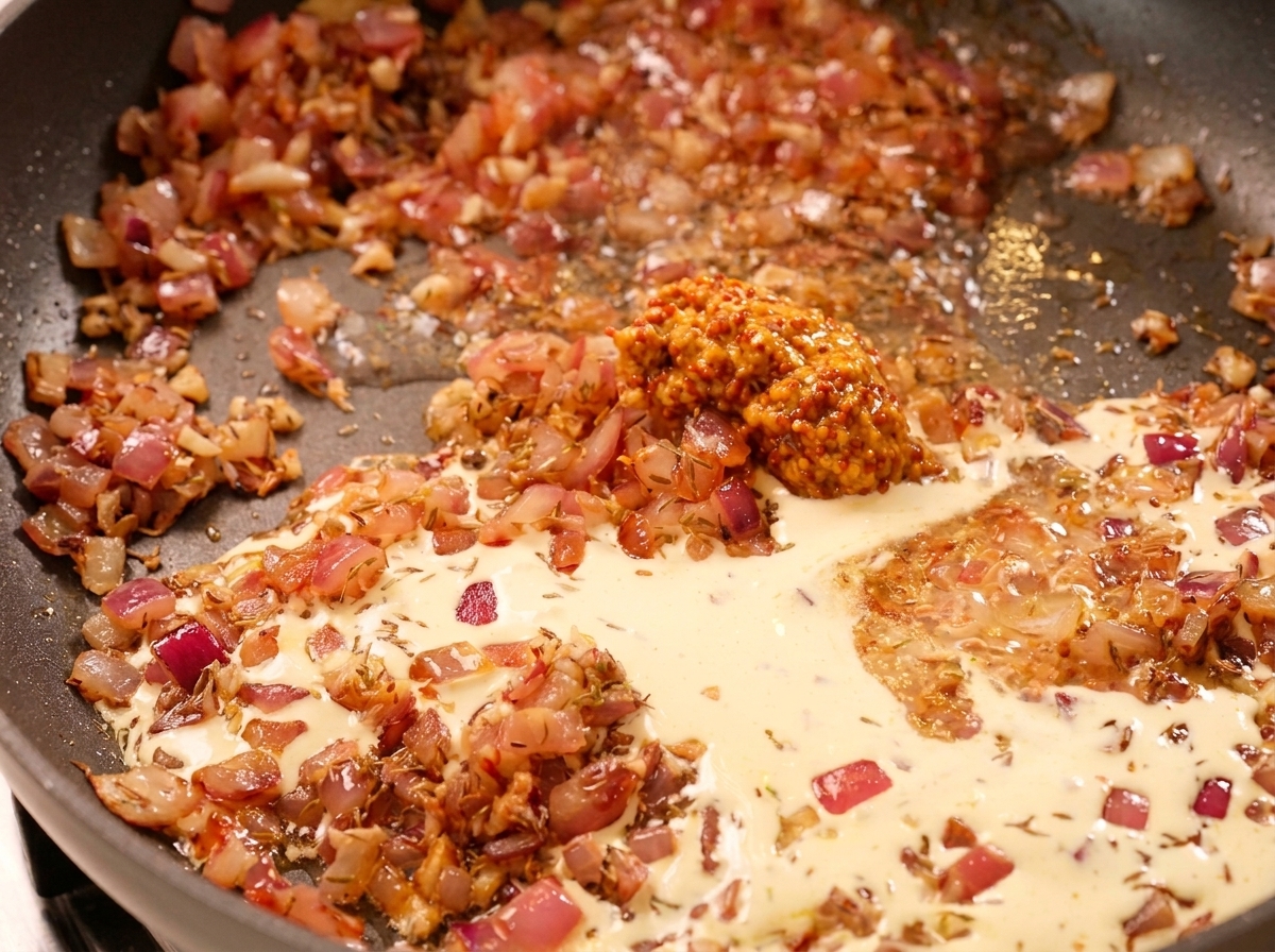 Light cream being poured into a frying pan containing sautéed onions, garlic, thyme, and a spoonful of grainy mustard.