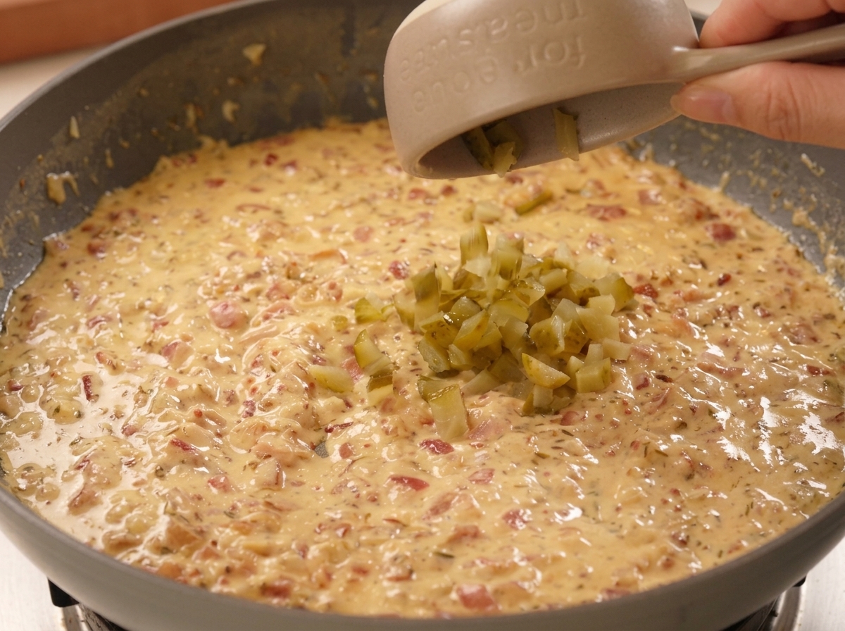 Diced green pickles being added from a small bowl into a thick, creamy yellow sauce in a pan.