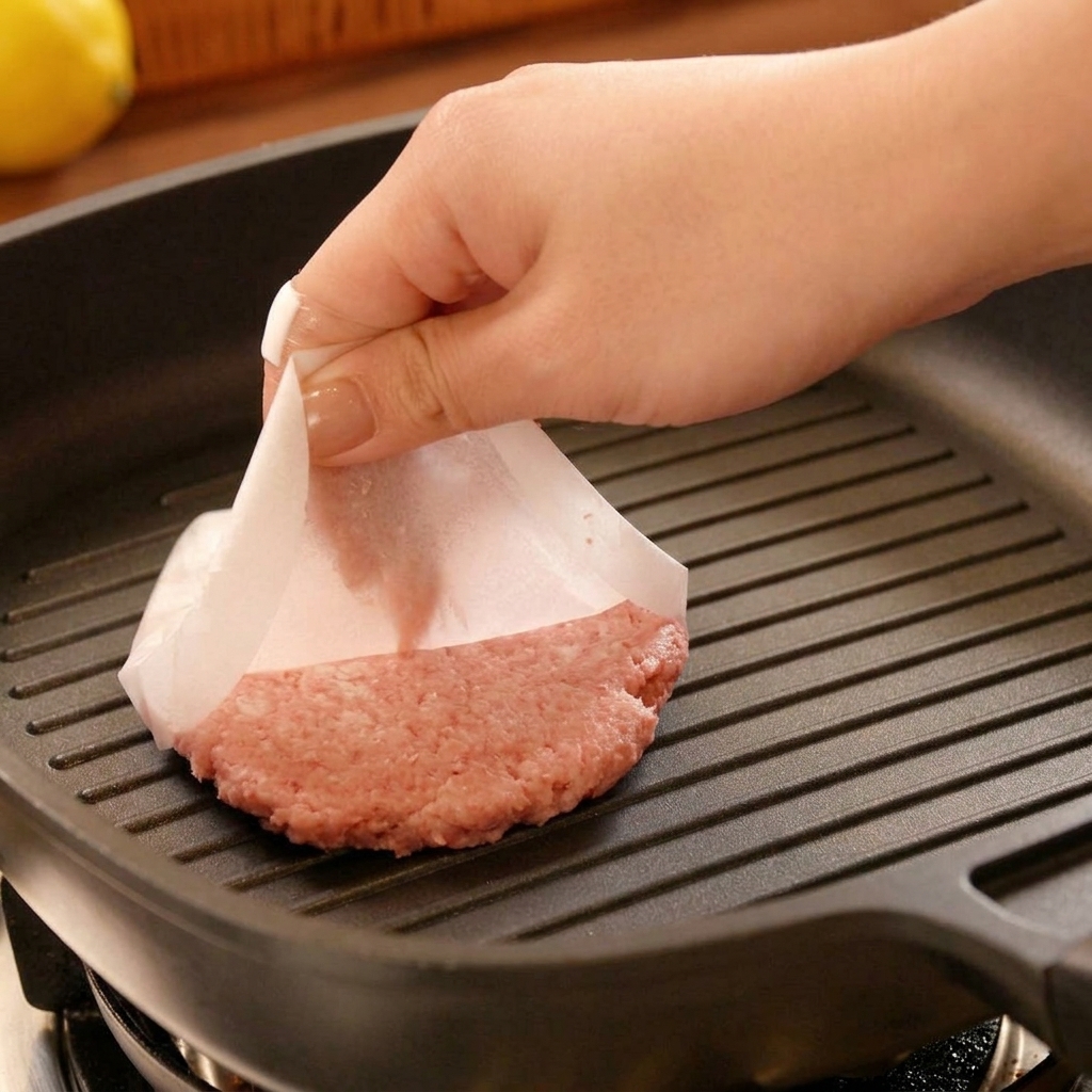 A hand peeling a square of parchment paper off a raw beef patty that has just been placed on a hot ridged grill pan.
