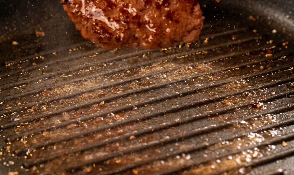 A cooked beef burger patty being lifted or flipped in a grill pan, showing distinct dark brown sear marks and glistening fat.