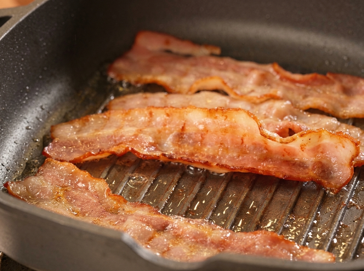 Strips of bacon sizzling and browning in a black cast-iron grill pan.