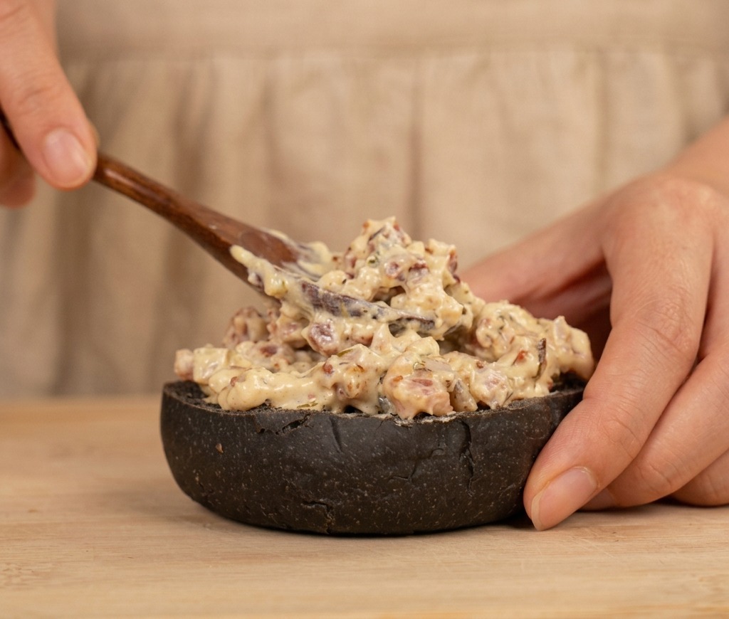 A person using a wooden spoon to spread a thick, textured creamy sauce onto a black burger bun half.