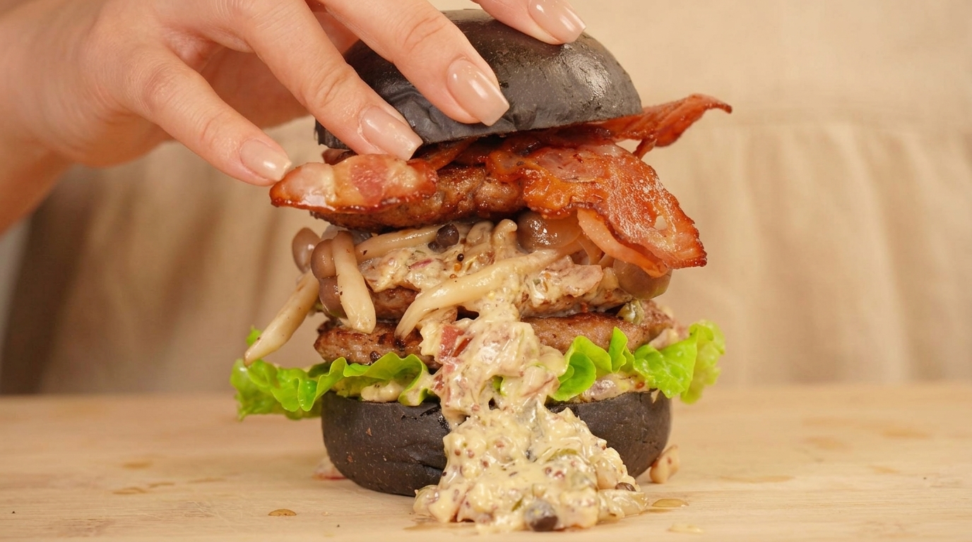 Double Beef Black Gold Burger with Mustard Cream Sauce