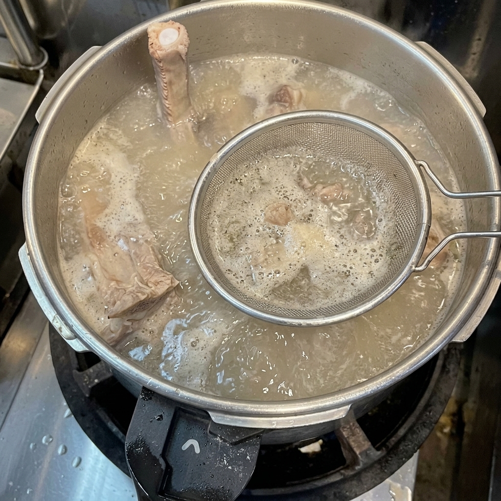 A fine mesh metal strainer skimming grey foam from the surface of boiling pork bone broth in a pot.