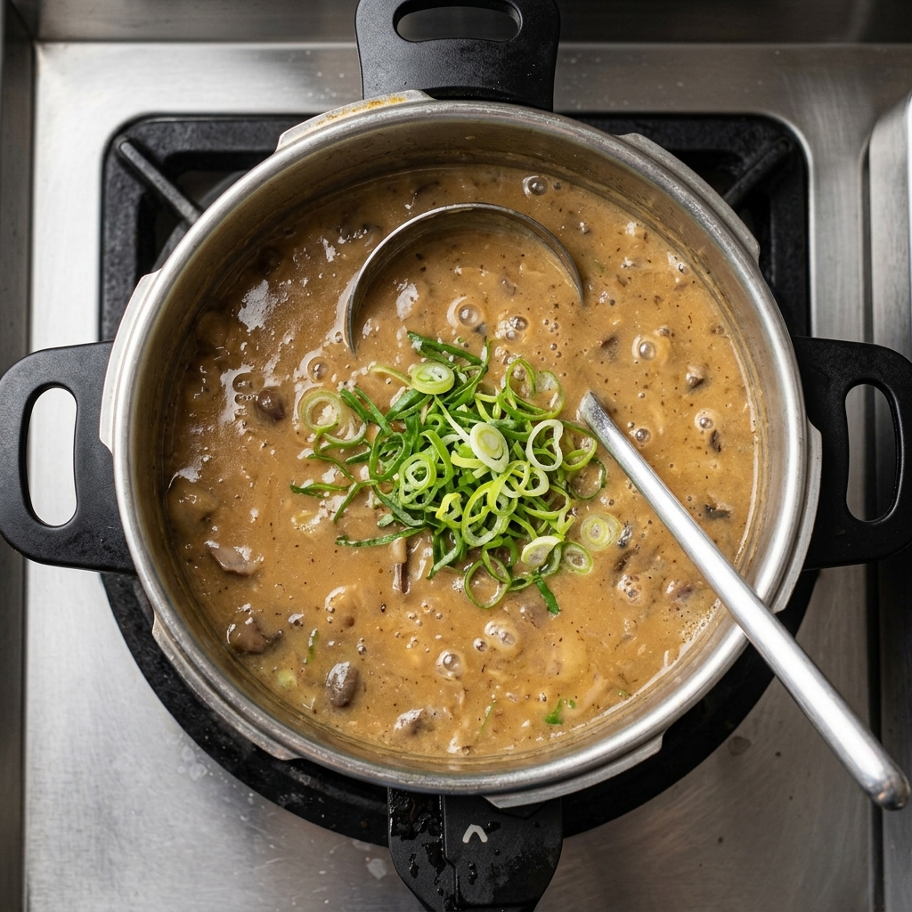 A top-down view of a thick, bubbling brown ramen broth in a pot with a large pile of sliced green onions being added to the center.