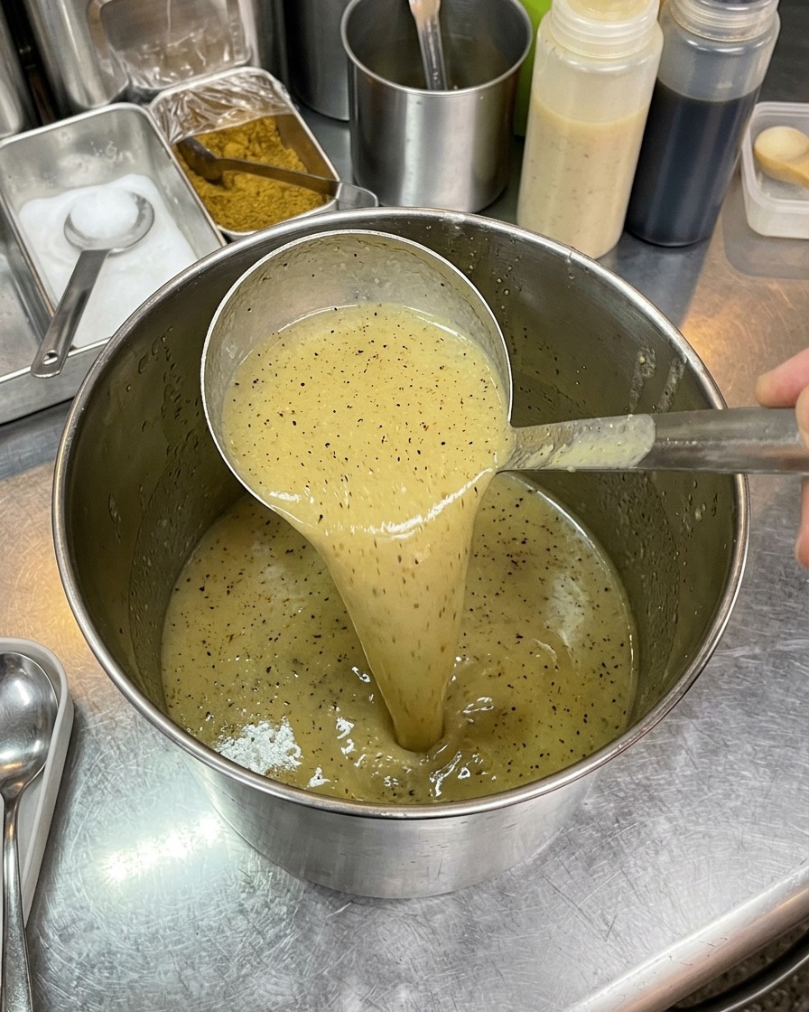 A ladle lifting a thick, opaque, light-brown emulsified soup from a stainless steel container to show its creamy texture.