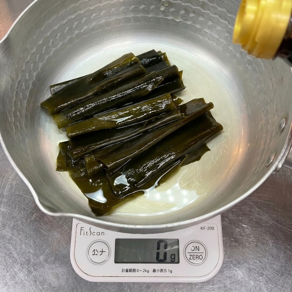 Strips of dark green kombu kelp in a silver pot being weighed on a digital scale as liquid seasoning is poured in.