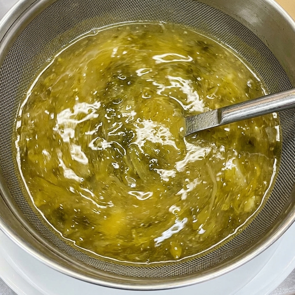 A whisk stirring a thick, yellowish ramen broth inside a metal bowl, incorporating green herbs and seasonings.