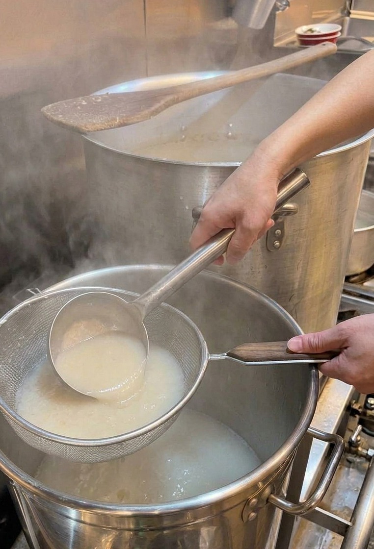 A metal ladle scooping frothy, creamy white pork broth from a large industrial pot into a smaller stainless steel saucepan.