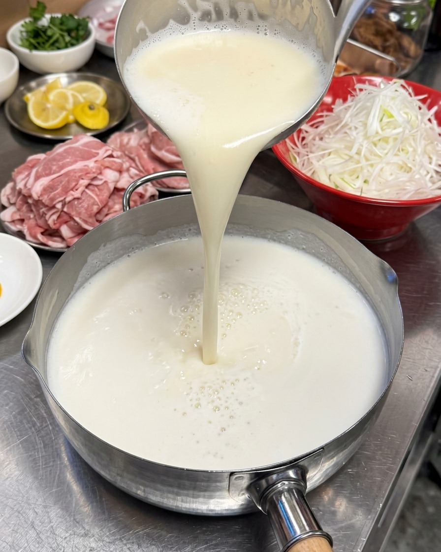 Creamy white ramen broth being poured from a ladle into a stainless steel pot on a kitchen counter.