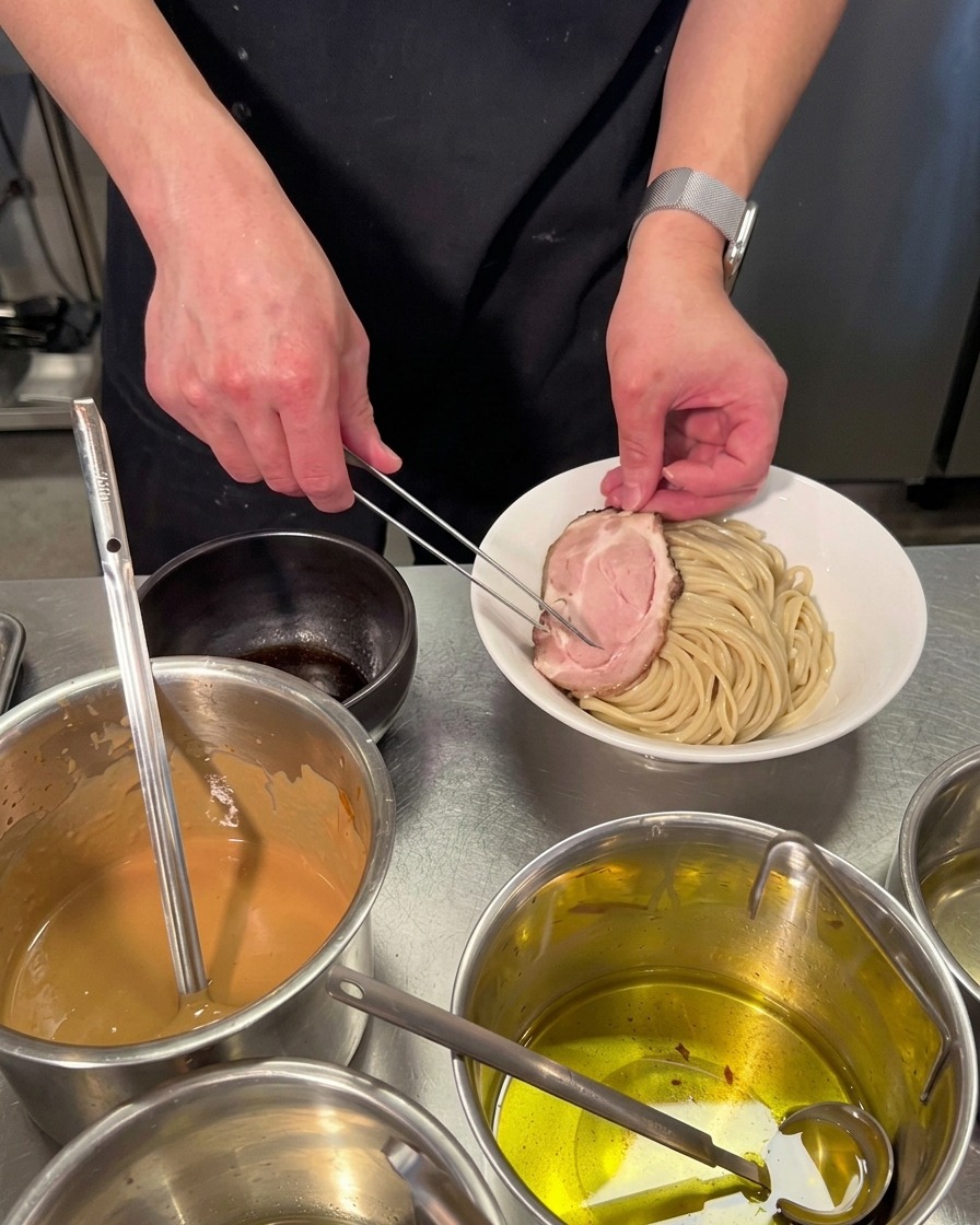Using silver tweezers to place a round slice of chashu pork onto a bowl of neatly arranged thick noodles.