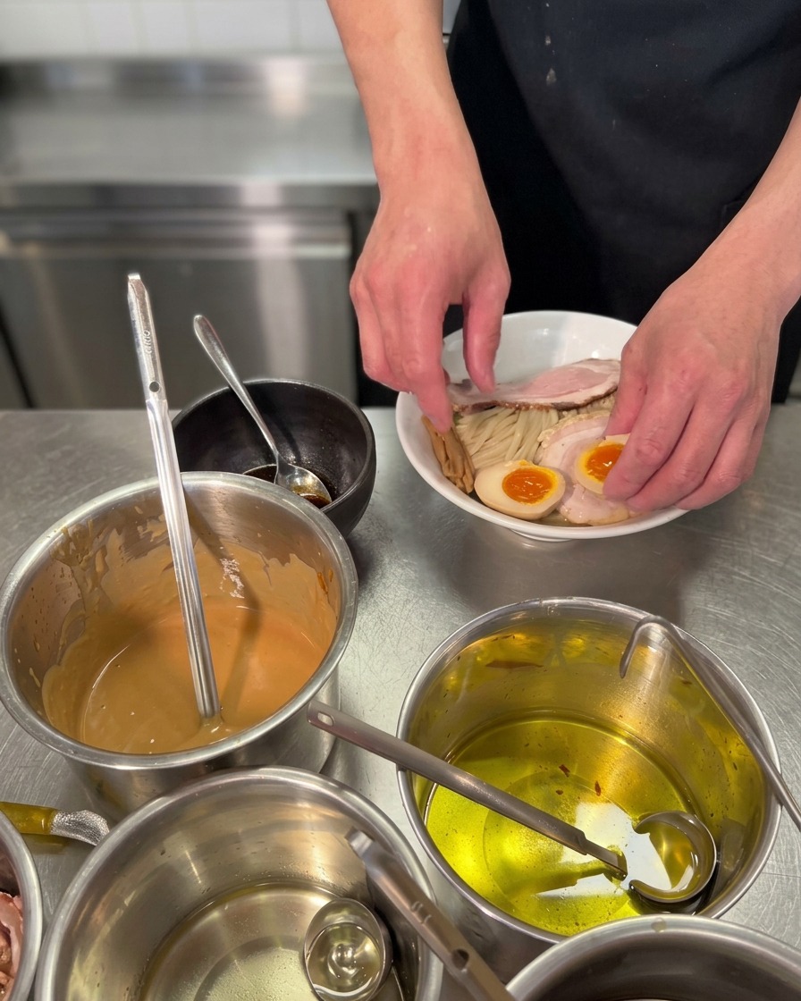 Close-up of hands placing two halves of a soft-boiled ramen egg with gooey orange yolks into a white bowl filled with noodles and sliced pork.