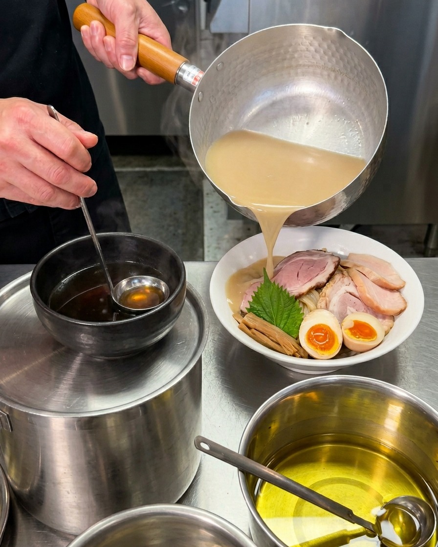 Hot, creamy brown dipping sauce being poured from a hammered metal pot into a black ceramic bowl next to a fully garnished noodle bowl.