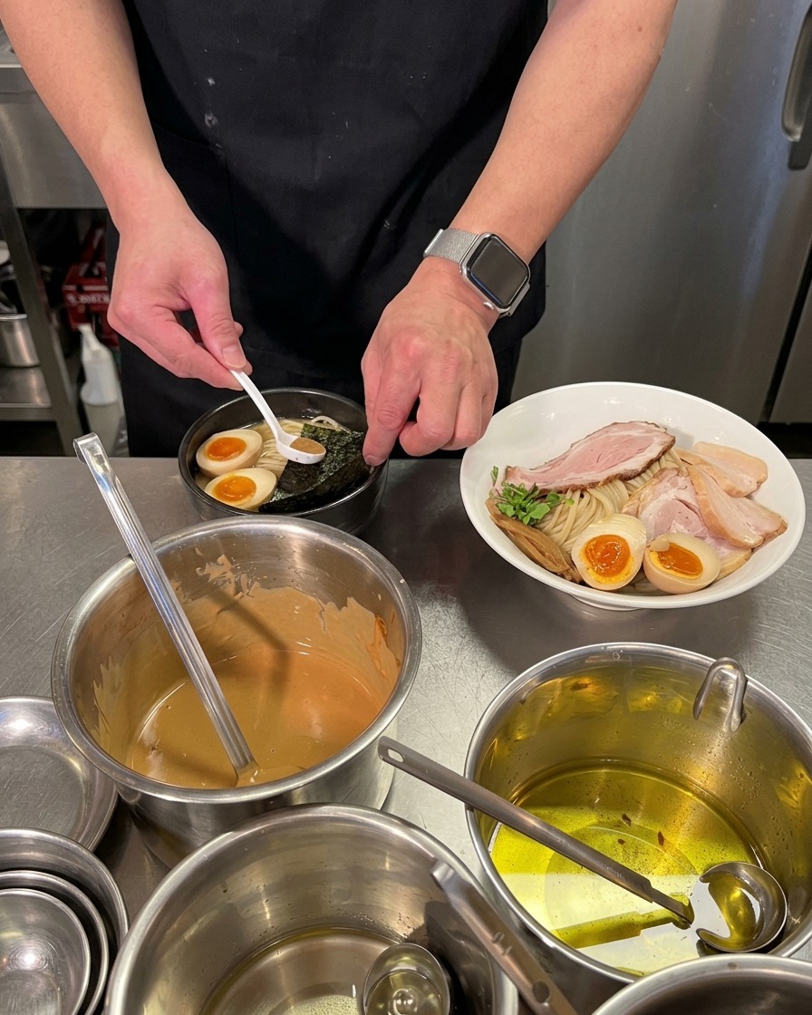 A person using a small white spoon to place a heap of brown fish powder onto a piece of dried seaweed inside a bowl of dark ramen broth.