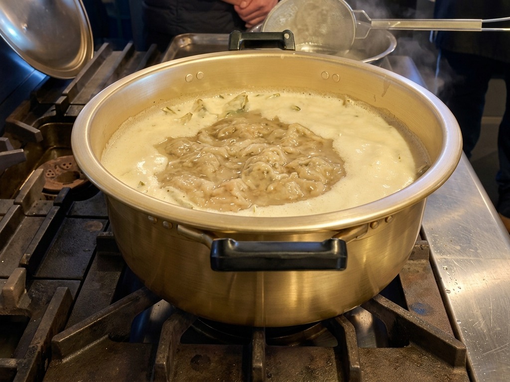 Dried fish pieces and aromatics bubbling in a thick, golden-white broth inside a large cooking pot.