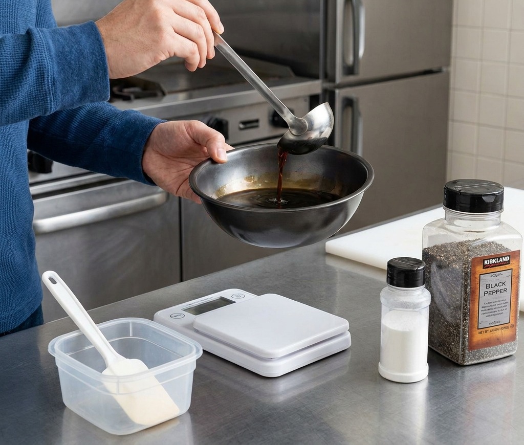 A chef ladling a dark, glossy soy-based sauce into a black bowl on a stainless steel kitchen counter.