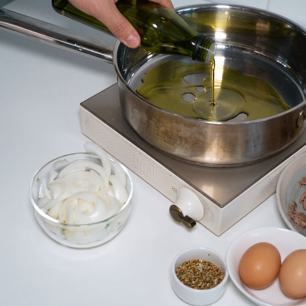 A hand pouring golden cooking oil from a green bottle into a clean stainless steel pan on an induction cooktop.