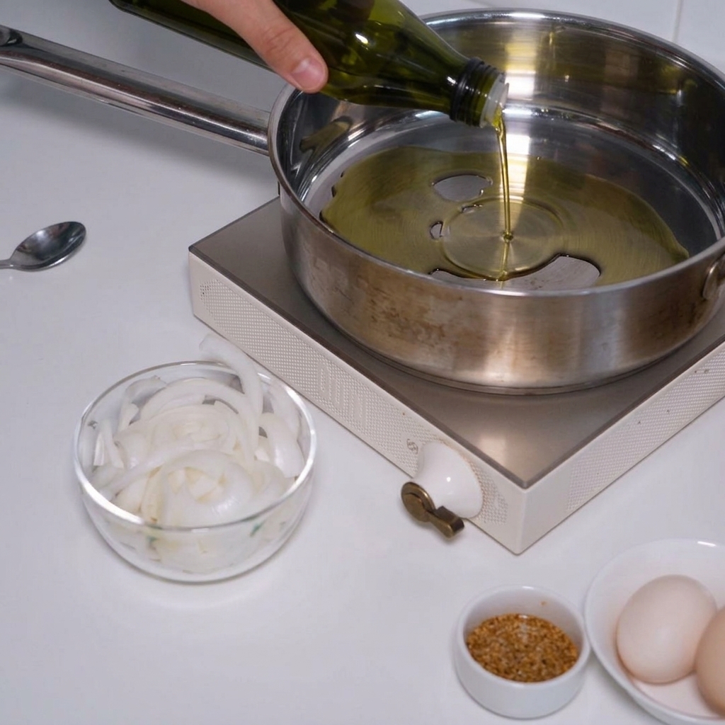 A hand pouring cooking oil from a green glass bottle into a hot stainless steel frying pan.
