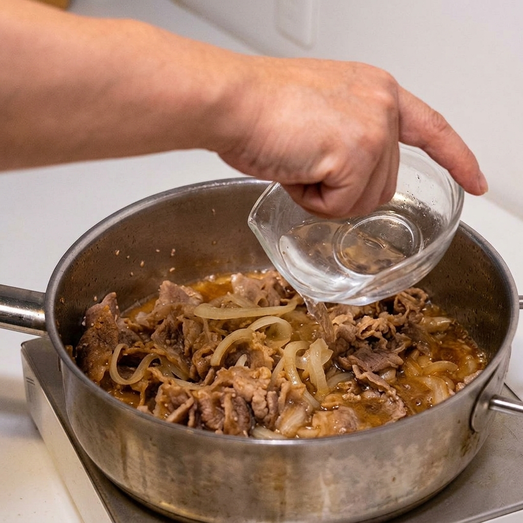 A hand pouring clear water from a small glass bowl into a pan of simmering beef, onions, and dark sauce.