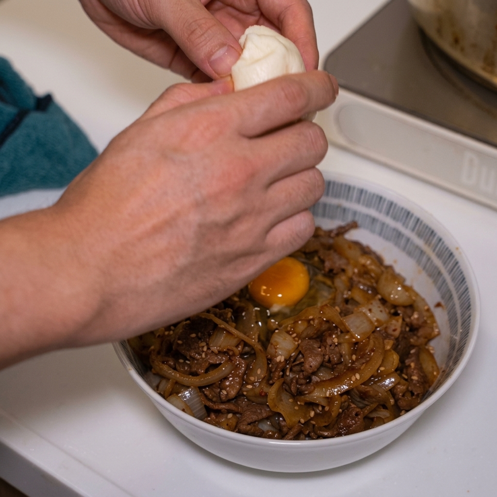 Hands carefully placing a bright orange raw egg yolk into a small well in the middle of a steaming beef bowl.