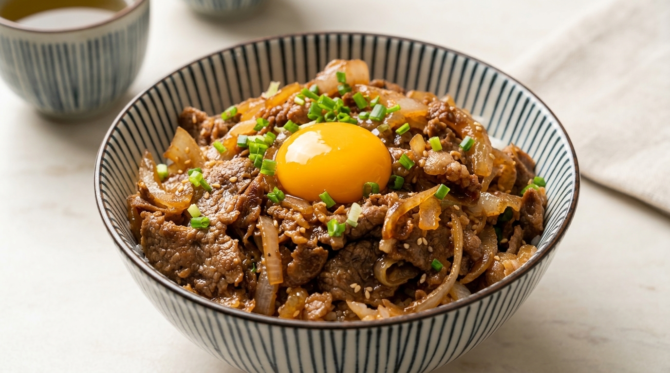 A steaming bowl of Gyudon featuring tender beef, caramelized onions, and a rich raw egg yolk over white rice.