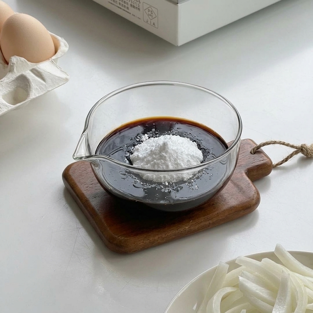 A clear glass bowl holding a dark soy sauce mixture and a mound of white cornstarch on a wooden coaster.