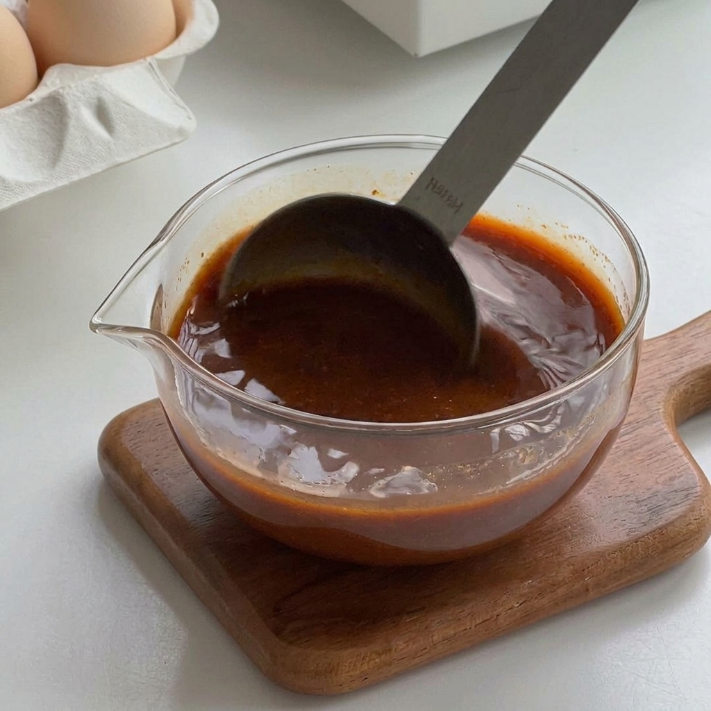A dark brown sauce mixture being thoroughly stirred with a metal spoon in a clear glass bowl.