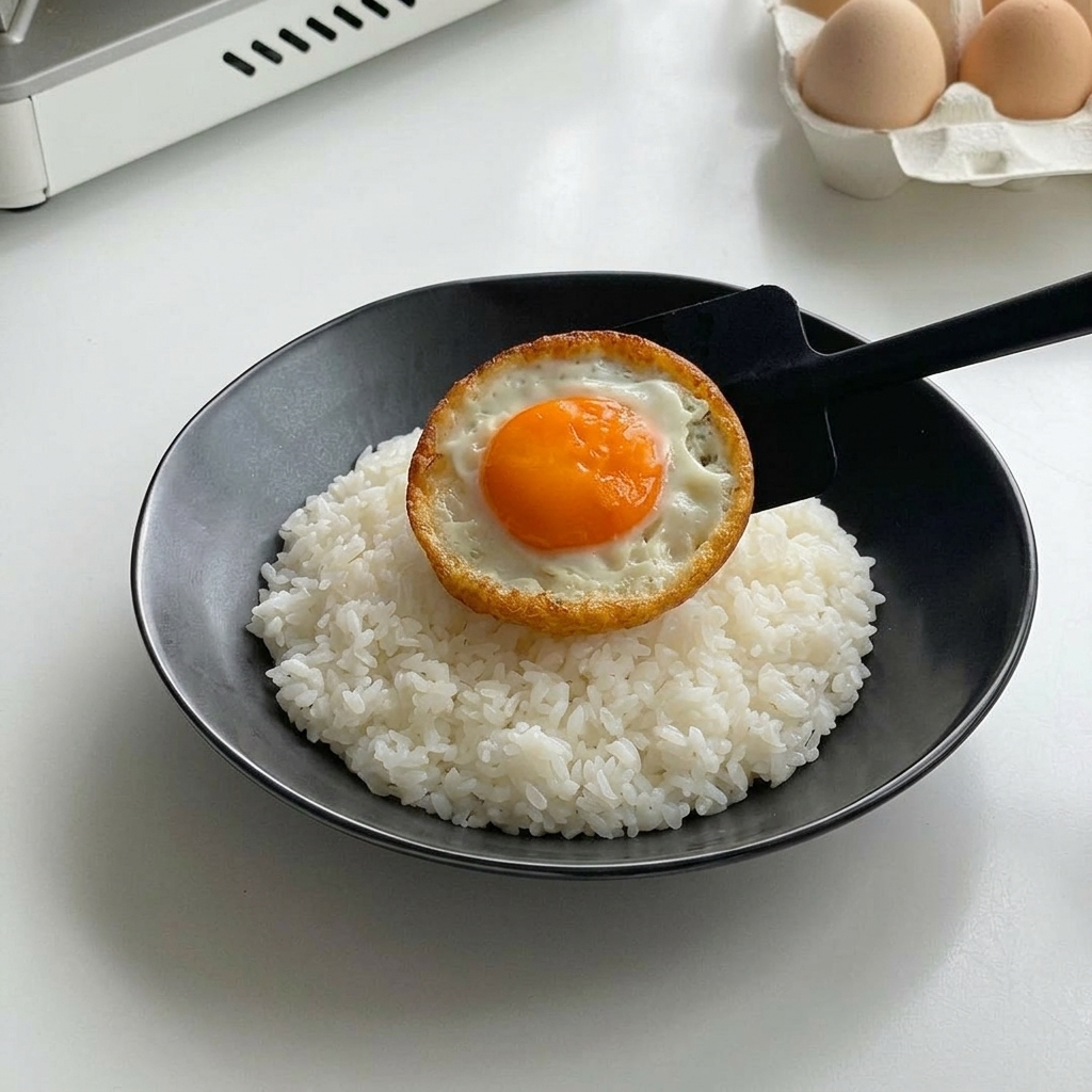 A fried egg with crispy edges being gently placed onto a mound of white rice in a black bowl using a black spatula.