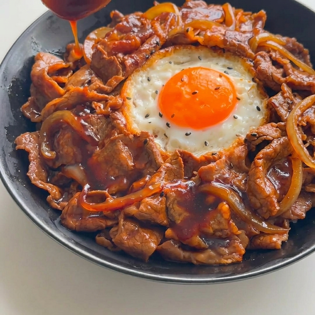 Thick, glossy brown sauce being drizzled over a bowl of sliced cooked beef and a sunny-side-up egg.