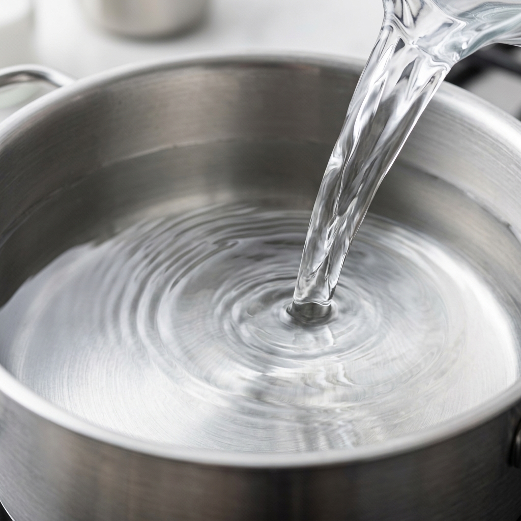 Clear water being poured from a pitcher into a clean stainless steel pot on a stovetop.