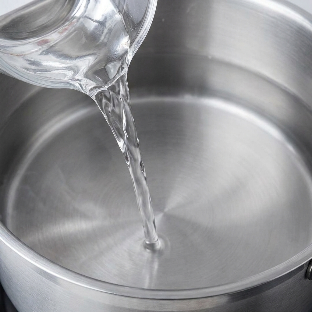 Clear sake being poured from a glass container into a pot of water.