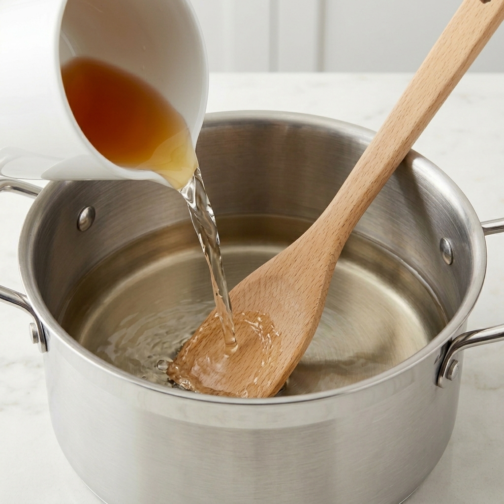 Light amber mirin being poured into a stainless steel pot, hitting a wooden spoon to minimize splashing.