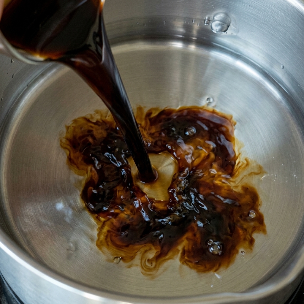 Dark soy sauce being poured into a pot of clear liquid, creating dark, swirling patterns as it mixes.