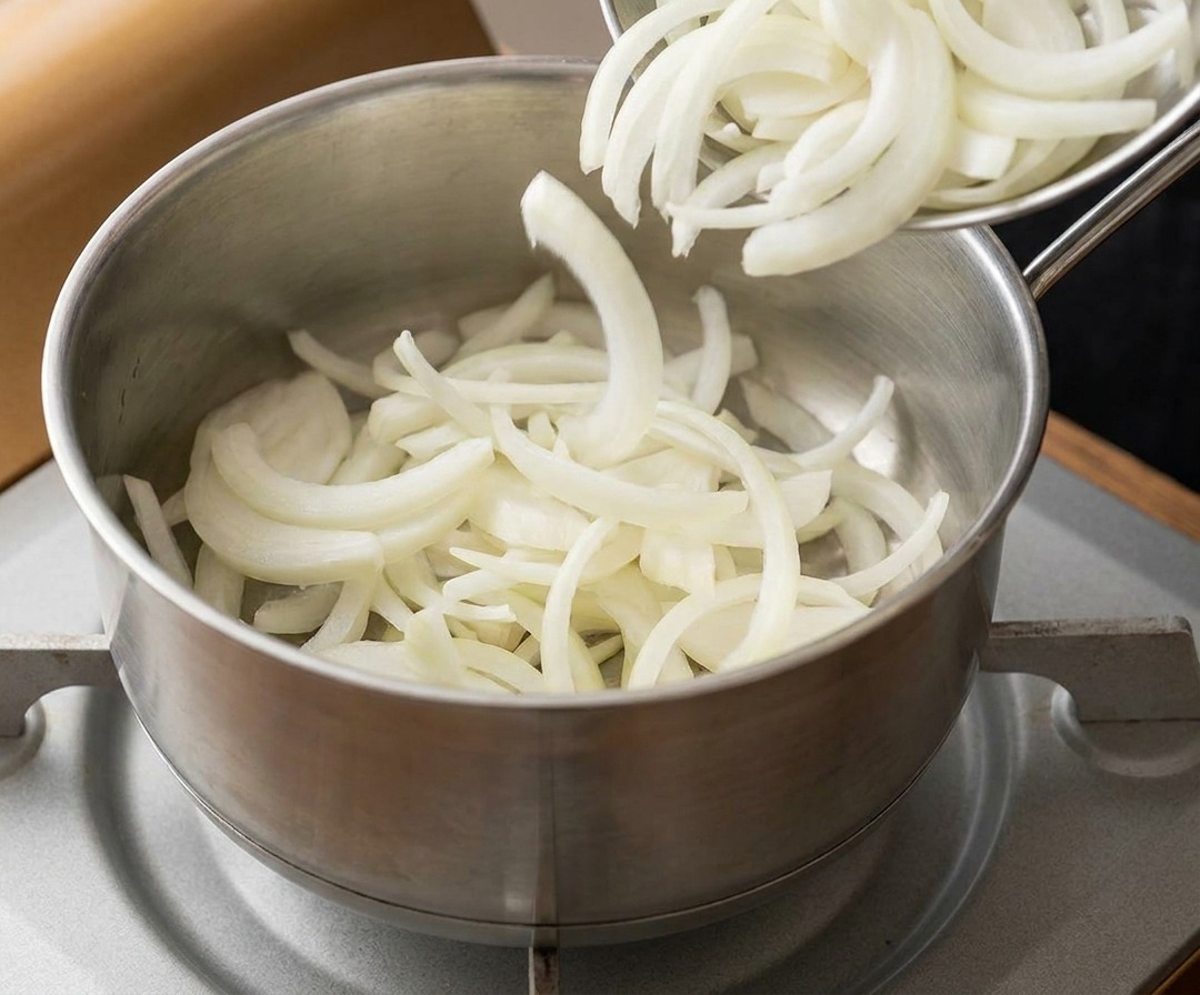 Thinly sliced white onions being poured from a metal bowl into a pot containing dark sauce on a portable stove.