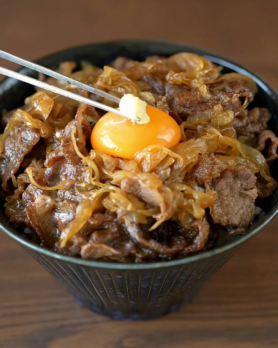 Metal chopsticks placing a small portion of pale yellow grated ginger on top of a raw egg yolk in a Japanese beef bowl.