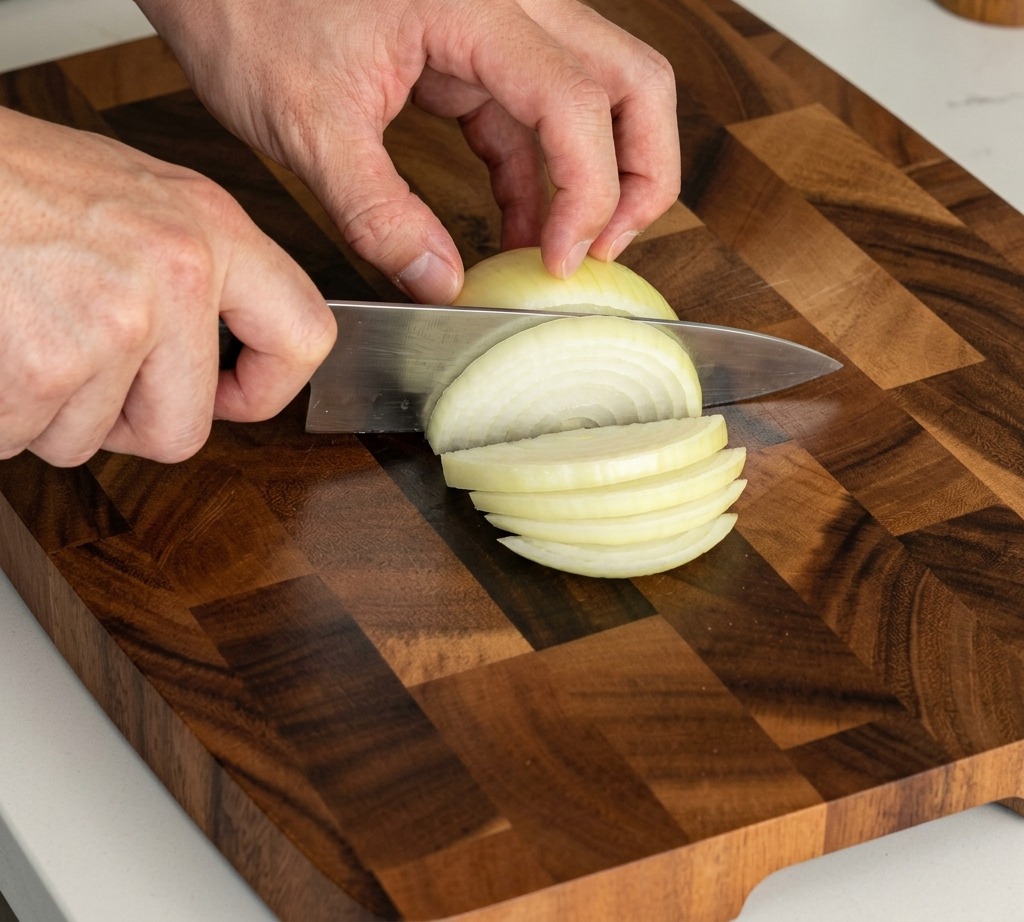 A person using a kitchen knife to cut a white onion into thick vertical wedges on a dark wood cutting board.