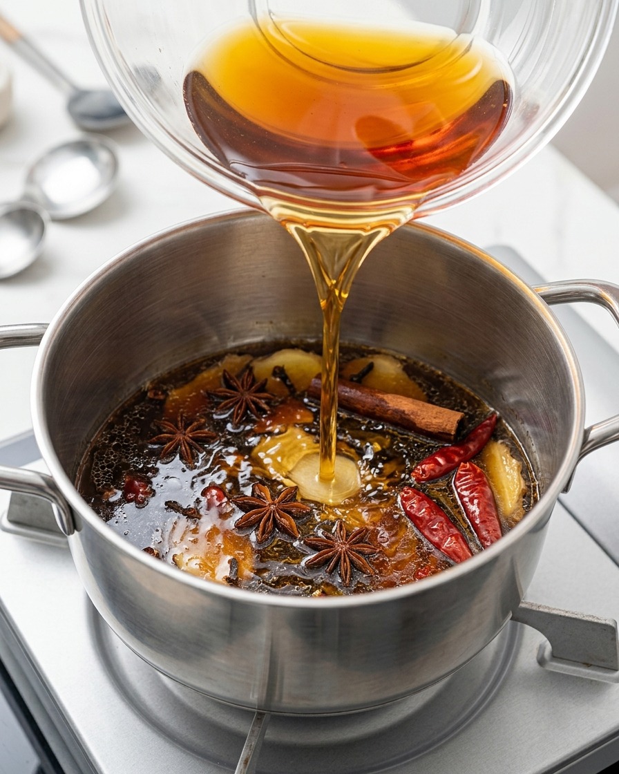 A clear liquid mixture being stirred in a stainless steel pot on a stovetop.